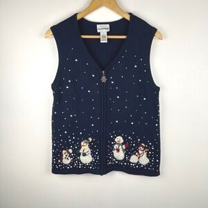 Vintage Breckenridge Navy Blue Snowman Sequin Zip Up Vest Women's Medium